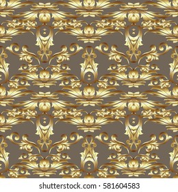 Floral damask seamless  pattern. Antique beige baroque background wallpaper with  3d  vintage gold  ornaments, leaves and flowers in Victorian style. Vector surface luxury  texture for fabric