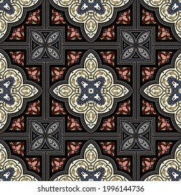 Floral Damask seamless pattern. Arabesque ornamental vector background. Repeat elegant backdrop. Vintage ornaments. Colorful flowers, leaves, frames, borders, shapes, lines. Decorative ornate design. 