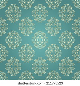 Floral damask seamless pattern background in beige and blue colors. Vector illustration. 