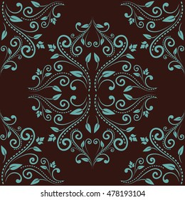 Floral damask seamless pattern background in brown and blue colors. Vector illustration.