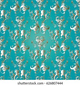  Floral damask seamless pattern background wallpaper illustration with vintage  3d gold flowers, leaves and antique baroque  ornaments.Vector light blue  texture for fabric, print, textile
