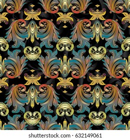 Floral damask seamless pattern background wallpaper illustration with vintage gold  3d flowers, scroll swirl leaves, and antique ornaments in Baroque style. Vector surface  texture for fabric, textile