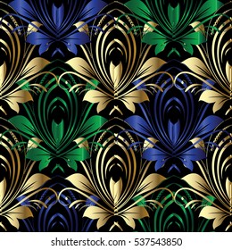 Floral  damask seamless pattern. Baroque wallpaper. Colorful vintage ornament. Ornate vector flowery background. Modern fabric texture.