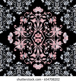 Floral damask seamless pattern. Black background wallpaper illustration with antique decorative pink silver flowers, scroll leaves and medieval vintage ornaments in Baroque style. Vector rich texture