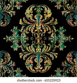 Floral damask seamless pattern. Black background wallpaper illustration with antique colorful 3d flowers, scroll curve leaves and medieval vintage ornaments in Baroque style. Vector fabric texture