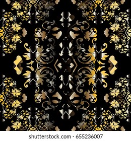 Floral damask seamless pattern. Black background wallpaper illustration with antique decorative white gold flowers, scroll leaves and medieval vintage ornaments in Baroque style. Vector fabric texture