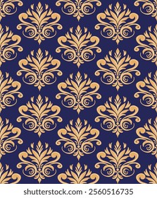 Floral damask seamless pattern, blue and gold color, vector illustration for elegant textile design, fabric, luxury style, vintage, design for wall paper, curtain, carpet, bedding, interiors, decorate