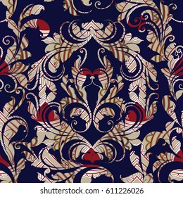Floral damask seamless pattern. Blue background wallpaper illustration with vintage abstract  flowers, leaves and swirl ornaments in Baroque victroian  style. Vector flourish texture for fabric