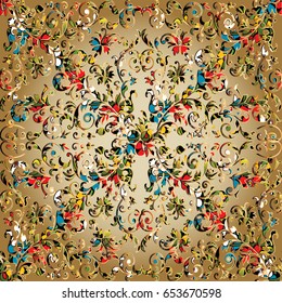 Floral  damask seamless pattern. Colorful background wallpaper illustration with antique decorative flowers, leaves and medieval vintage ornaments in Baroque style. Vector fabric texture.