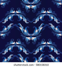Floral damask seamless pattern. Dark blue luxury background with vintage 3d leaves and antique baroque ornaments in Victorian style. Stylish surface vector texture for fabric, textile, curtains, print