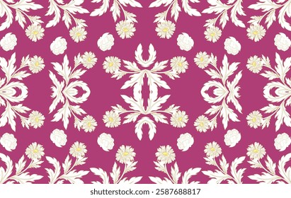 floral damask seamless pattern with intricate white on a deep burgundy background. this design is perfect for fabric, wallpaper, wrapping, and textile applications. Ideal for classic and sophisticated