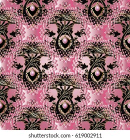 Floral damask seamless pattern. Light pink 3d background wallpaper with vintage antique flowers and damask ornaments in Victorian style. Vector surface 3d texture. for fabric, textile, prints.