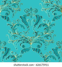 Floral damask seamless pattern. Light blue flourish background wallpaper illustration with vintage  3d flowers, swirl leaves and antique ornaments in Baroque Victorian style. Modern vector texture