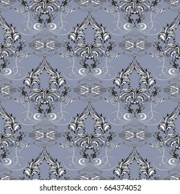 Floral damask seamless pattern. Light vector floral background. Baroque wallpaper illustration with antique decorative  flowers, scroll swirl leaves and vintage royal ornaments in Baroque style.