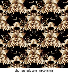 Floral damask seamless  pattern. Modern black background wallpaper with  3d  vintage gold baroque ornaments, leaves,grapes and flowers in Victorian style. Vector surface luxury  texture for fabric