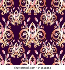 Floral damask seamless pattern. Purple ornamental background. Vintage wallpaper. 3d  flowers, scroll curve leaves and antique baroque  ornaments. Vector luxury fabric texture 
