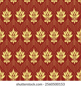 Floral damask seamless pattern, red and yellow color, geometric, vector illustration for elegant textile, texture, decoration, interior, background, interiors, wall paper, bedding