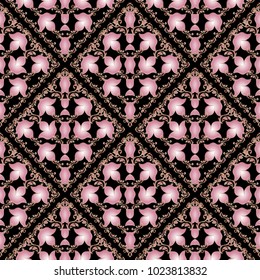 Floral damask seamless pattern. Vector black background with 3d pink baroque flowers, scrolls, lines, swirls, flourish frames. Antique ornaments in baroque style. Luxury design for wallpaper, fabric