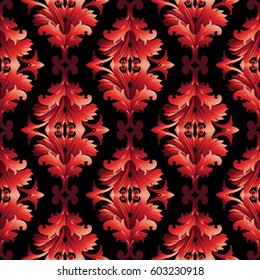 Floral Damask seamless pattern . Vector black background wallpaper with 3d red  vintage flowers, scroll leaves  and antique Baroque style ornaments. Luxury flowers texture for fabric, textile,