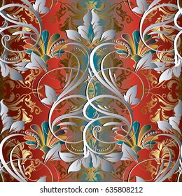 Floral damask seamless pattern. Vector red  background wallpaper illustration with vintage  white 3d flowers, swirl leaves  and antique beautiful floral ornaments. Vector  texture for fabric, textile.