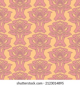 Floral Damask seamless pattern. Vintage baroque background, repeating outline pink flowers foliage. Victorian fashion decor. Antique ornament wallpaper, fabric, wrapping paper. Vector illustration