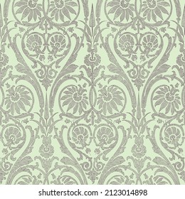 Floral Damask seamless pattern. Vintage filigree background, repeating outline grey flowers foliage. Victorian fashion decor. Antique ornament wallpaper, fabric, wrapping paper. Vector illustration
