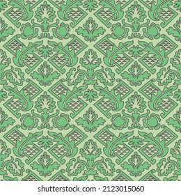Floral Damask seamless pattern. Vintage baroque background, repeating outline green flowers foliage. Victorian fashion decor. Antique ornament wallpaper, fabric, wrapping paper. Vector illustration