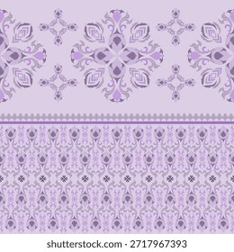 Patrón floral sin fisuras del damasco con las flores violetas en un fondo lila. Ilustración vectorial. Ideas para bordes elaborados, textiles y telones de fondo de páginas de Web.