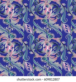 Floral damask seamless pattern.Flourish vector blue background wallpaper illustration with vintage antique blue and pink 3d flowers, swirl curl lines, leaves and Baroque ornaments. Luxury texture.