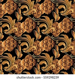 Floral damask vector black seamless pattern background wallpaper with vintage decorative  3d gold flowers,scroll leaves,  baroque gold ornaments.Flourish endless 3d fabric texture.Modern flowery decor