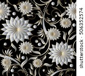 Floral damask vector seamless pattern background wallpaper with vintage decorative volumetric 3d white flowers leaves and ornaments.Flourish elegant endless texture.Modern flowery decor.