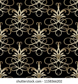 Floral Damask vector seamless pattern. Ornate patterned ornamental background. Vintage elegance ornament with gold line art tracery paisley 
 flowers, leaves, swirls. Decorative beautiful  design