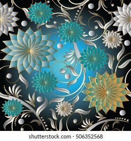 Floral damask vector seamless pattern background wallpaper with vintage decorative volumetric 3d white and blue flowers leaves and ornaments. Flourish elegant endless texture. Modern flowery decor.