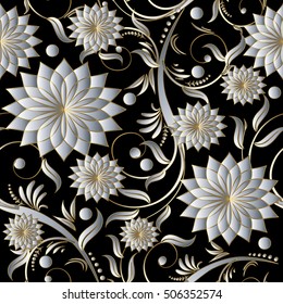 Floral Damask Vector Seamless Pattern Background Wallpaper With Vintage Decorative Volumetric 3d White Flowers Leaves And Ornaments.Flourish Elegant Endless Texture.Modern Flowery Decor.