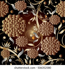 Floral damask vector seamless pattern background wallpaper with vintage decorative volumetric 3d gold flowers leaves and ornaments.Flourish elegant endless texture.Modern flowery decor.