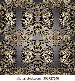 Floral damask vector seamless pattern background wallpaper with vintage decorative gold 3d flowers leaves and flourish ornaments.Damask seamless pattern.Damask wallpaper.Damask ornament.