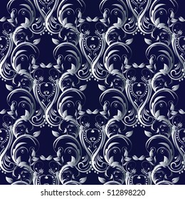 Floral damask vector seamless pattern with white vintage decorative flowers,leaves and elegant ornaments.Modern dark blue background. Elegance baroque wallpaper.Endless luxury texture.
