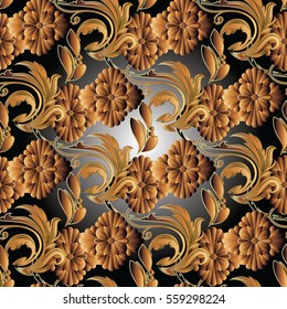 Floral damask vector seamless pattern background wallpaper with vintage decorative  3d gold flowers,scroll leaves,  baroque gold ornaments.Flourish endless 3d fabric texture.Modern flowery decor.