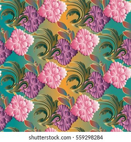 Floral damask vector seamless pattern background wallpaper with vintage decorative  3d pink violet flowers, leaves and baroque gold ornaments.Flourish elegant colorful texture. Modern flowery decor.