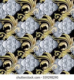 Floral damask vector seamless pattern background wallpaper with vintage decorative volumetric 3d white flowers, leaves and gold baroque ornaments.Flourish elegant endless 3d texture.Modern flowers.