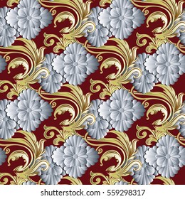 Floral damask vector seamless pattern background wallpaper with vintage decorative volumetric 3d white flowers,gold leaves and baroque ornaments.Flourish elegant fabric  texture.Modern flowers pattern