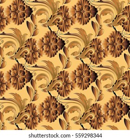 Floral damask vector seamless pattern background wallpaper with vintage decorative  3d gold flowers,scroll leaves,  baroque gold ornaments.Flourish endless beige fabric texture.Modern flowery decor.