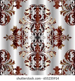 Floral damask vector seamless pattern. White drapery 3d background wallpaper illustration with antique decorative red gold flowers, scroll leaves and medieval vintage ornaments in Baroque style. 