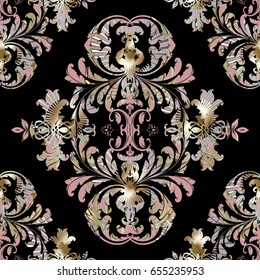 Floral damask vector seamless pattern. Black background wallpaper illustration with antique decorative pink gold  flowers, scroll leaves and antique vintage ornaments in Baroque style. 