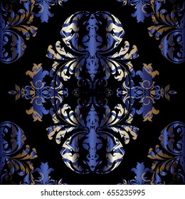 Floral damask vector seamless pattern. Black background wallpaper illustration with antique decorative dark blue and gold  flowers, scroll leaves and antique vintage ornaments in Baroque style. 