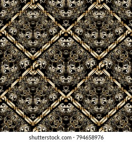 Floral damask vintage vector seamless pattern. Black gold background with line art tracery ornaments, flowers, leaves, stripes, frames. Design for wallpapers, fabric, textile, prints.