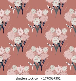 Floral dandelion bouquet silhouettes seamless pattern. Brick color background with pastel tones flowers silhouettes. Great for wrapping paper, textile, fabric print and wallpaper. Vector illustration.
