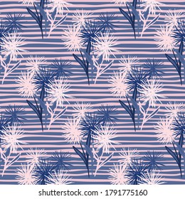 Floral dandelion elements doodle seamless pattern. Stripped background. Endless botanic backdrop in pink and blue colors. Great for wrapping, textile, fabric print and wallpaper. Vector illustration.