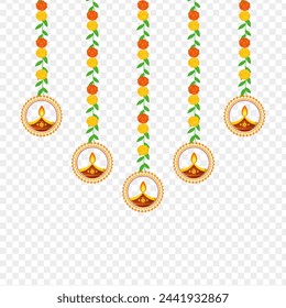 Floral dangler with diya on transparent background