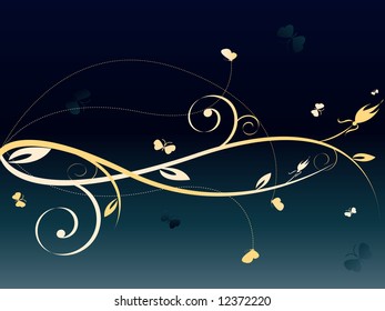 floral dark abstract background with lots of butterflies